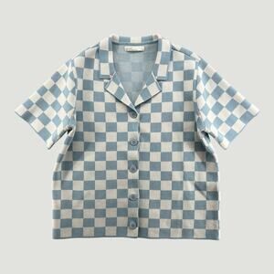 Oak + Fort Blue Cream Check Knit Short Sleeve Cardigan Top Women’s XS/S